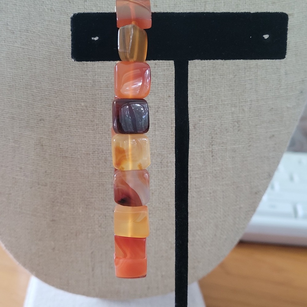 Vintage Carnelian Agate Sugar Cube Bead Stretch Bracelet Orange Brown